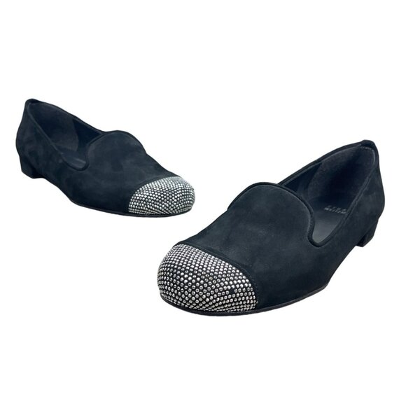 Stuart Weitzman Women's Black Suede Rhinestone Cap Toe Flat Shoes Sz 8M - Picture 1 of 10
